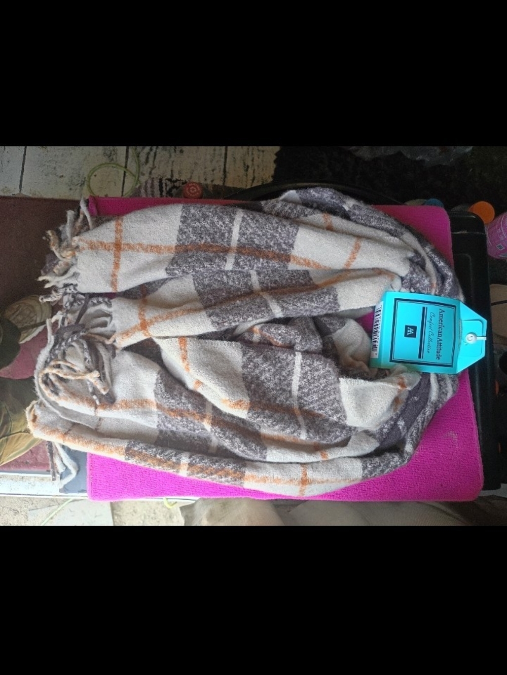 Cozy Plaid Fringe Wrap Scarf - Neutral Gray & Cream